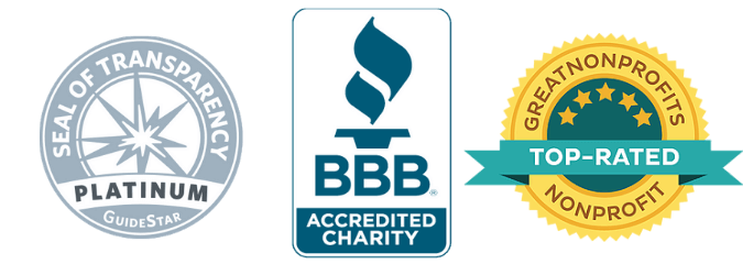 BBB Accredited Charity, Platinum GuideStar Seal of Transparency, and GreatNonprofits Top-Rated